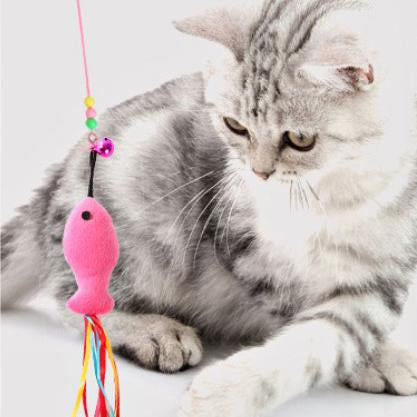 Feather Bell Wand Teaser Rod Funny Fish Shape Bell Bead Play Pet Wand Toy